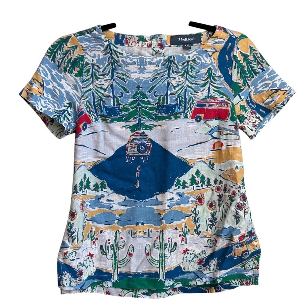 ModCloth Travel Road Trip Colorful Novelty Print Linen
Blend Blouse Top SZ XXS‎